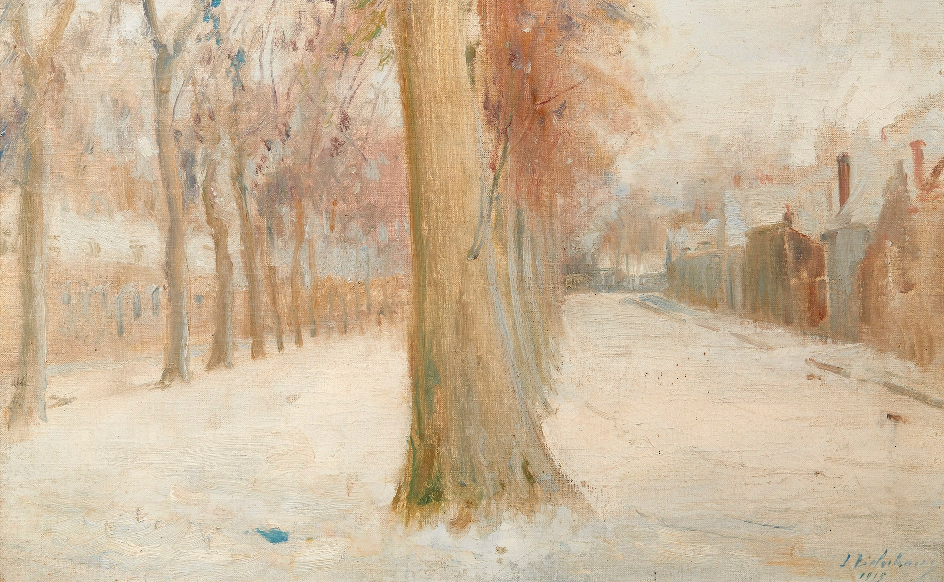 Léon Delachaux, Champ de foire sous la neige, huile sur toile